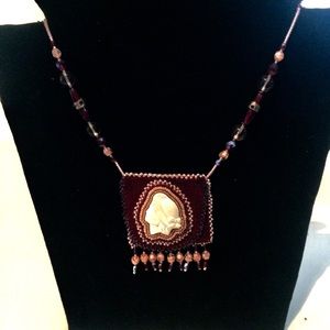 Beaded Cabochon Leather Pouch Necklace